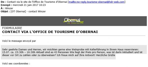Contact via le site de l'Office de Tourisme d'Obernai